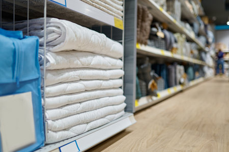 Blanket stacked on shop shelves selective focusの写真素材