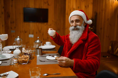 Portrait of happy smiling Santa drinking teaの写真素材