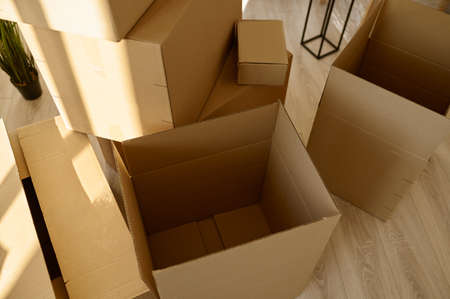 Several empty cardboard boxes top view closeupの写真素材