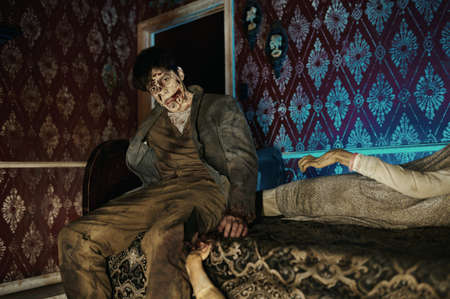 Zombie sitting on bed looking at camera
