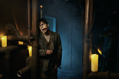 Zombie man in basement with pipes portrait