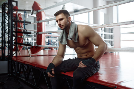 Muscular male boxer sitting on boxing ring matの写真素材