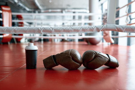 Boxing gloves and water bottle on ringの写真素材