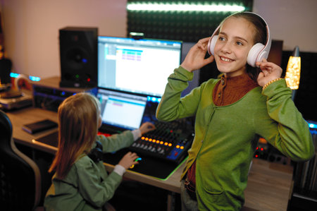 Children at record studio focus on girl listening music in headsetの写真素材