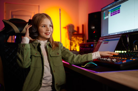 Young audio engineer mixing sound at production houseの写真素材