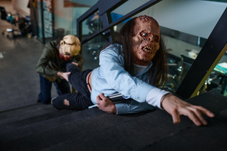 Zombie workers fighting on office staircase