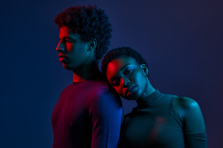 Woman leaned on man shoulder, confident people