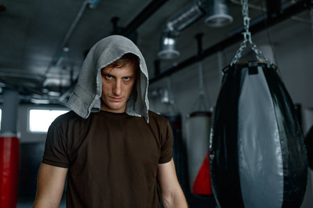 Professional boxer with towel on headの写真素材