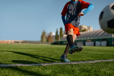 Young soccer goalie starting game kicking ball from white goal lineの写真素材
