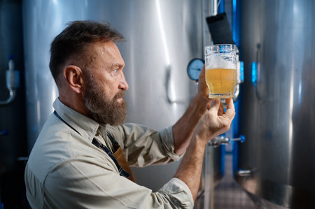 Brewery worker looking at freshly made beer in glass mug