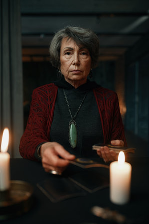 Portrait of serious old mature fortune teller with taro cradsの写真素材