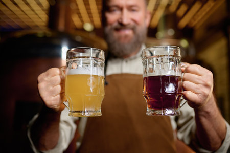 Satisfied senior brewer posing for camera with pale ale and dark beer pint
