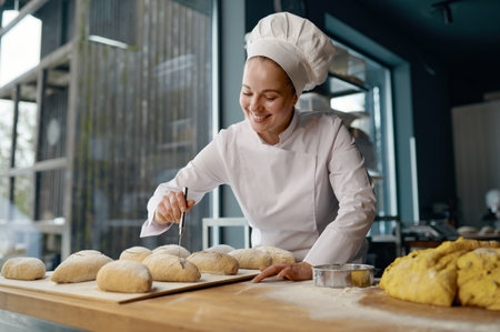 Baker engaged in making of traditional yeast buns with cheeseの写真素材