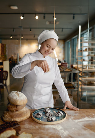 Baker chef sprinkling freshly baked oatmeal cookies with cereals