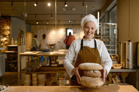 Young happy baker holding stack of freshly baked bread looking at cameraの写真素材