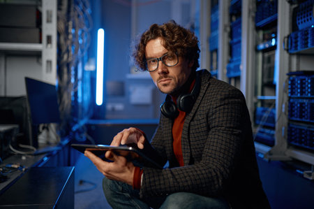 Male IT technician working in server room with tablet