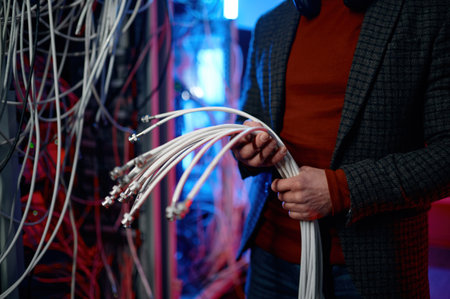 IT man with bunch of cables in hands in server roomの写真素材