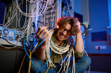 Crazy mad computer engineer wrapped in wires and cables in server roomの写真素材