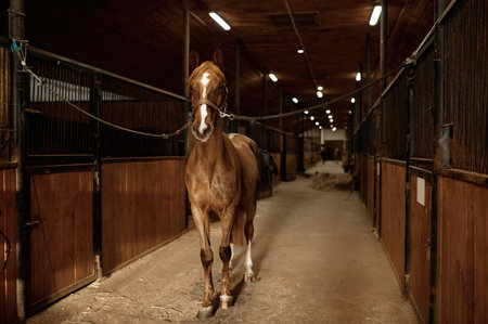 Portrait of young purebred stallion tied standing in stallsの写真素材