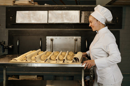 Baker pulling a tray with raw buns with sesame seeds prepared for bakingの写真素材
