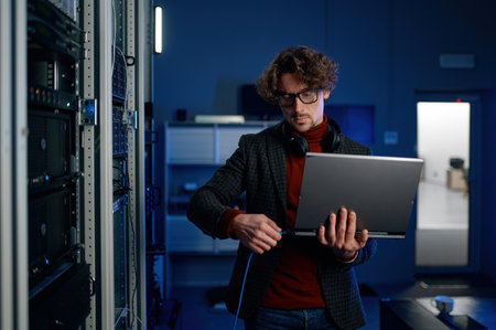 IT technician switching wire to laptop computer