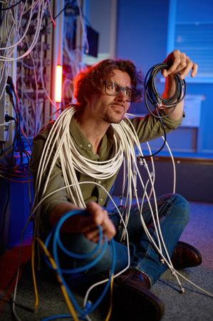 Crazy mad computer engineer wrapped in wires and cables in server room