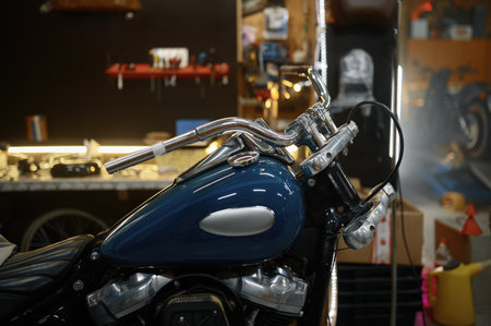 Polished, refurbished biker motorcycle in garage workshopの写真素材