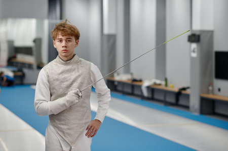 Portrait of teenager fencer wearing white fencing costume with swordの写真素材