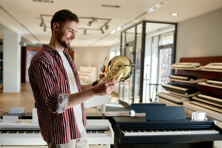 Handsome stylish male customer holding trumpet in hand standing at music shopの写真素材