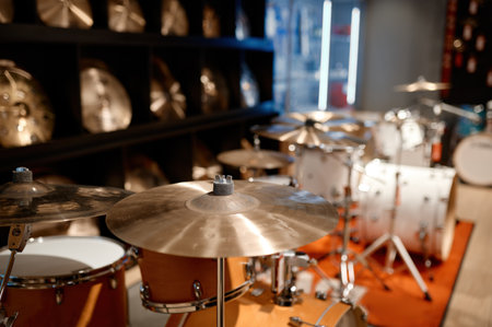 Selective view on drum set and several golden cymbal plates in music shopの写真素材