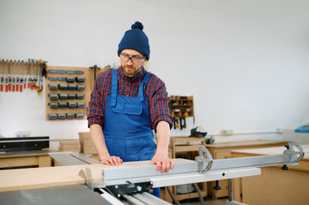 Man working on circular saw and engaged in making wooden blank at workshop
