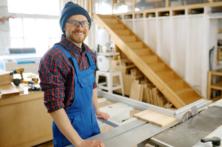 Portrait of happy smiling carpenter in overalls standing at workplaceの写真素材