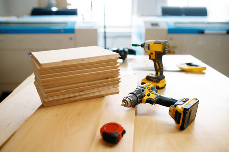 Electric drill, ruler and wooden board at carpenter workplaceの写真素材