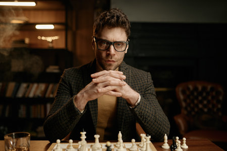 Serious young man at chessboard