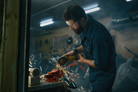 Repairman cutting iron with electric circular saw in motorcycle workshopの写真素材