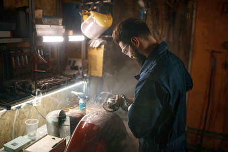 Repairman polishing motorcycle body part from old paint using stripping machineの写真素材