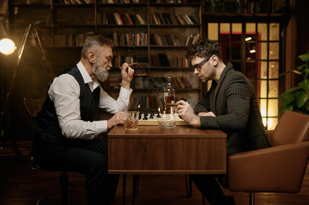 Family of intelligent people playing chess, smoking cigars and drinking whiskey