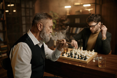 Two man playing chess sitting at table in home living roomの写真素材