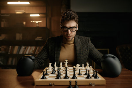 Angry young man wearing boxer gloves sitting at table with chessboardの写真素材