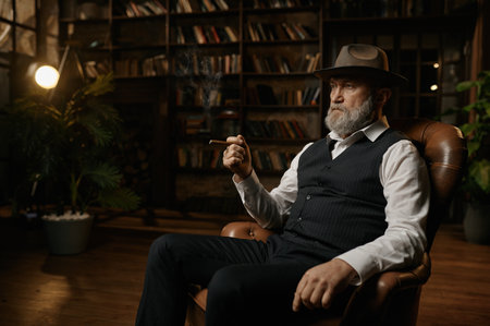 Senior gentleman sitting in armchair smoking cigar over home library backgroundの写真素材