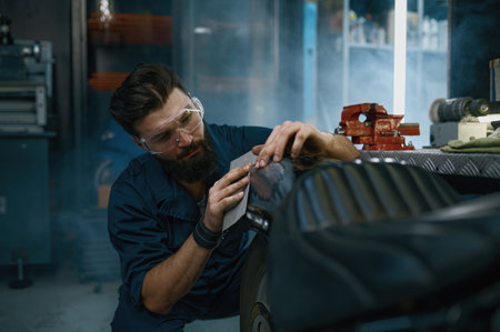Young man repair service worker cleaning motorcycle from old paintの写真素材