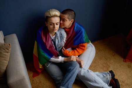 Romantic lesbian couple enjoying calm and happiness moments togetherの写真素材