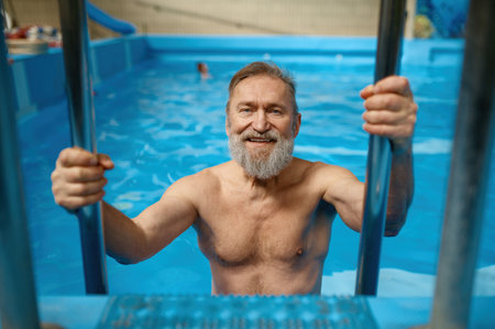 Portrait of good-looking fit senior man getting out from swimming poolの写真素材
