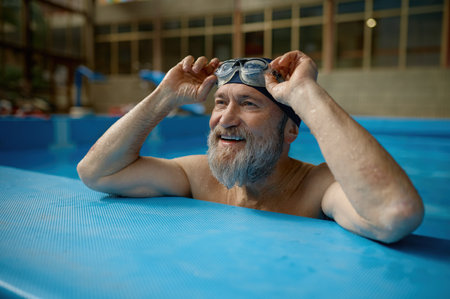Healthy senior man swimming in indoor pool enjoying sportive lifestyleの写真素材