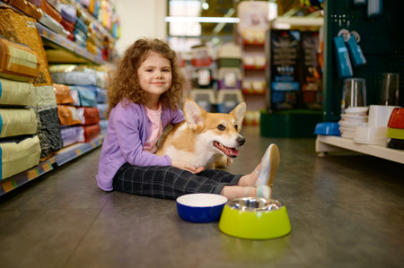 Little girl child sitting on pet shop floor holding corgi dog on kneesの写真素材