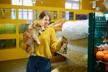 Young woman holding corgi dog on hands choosing sleeping place at pet shopの写真素材
