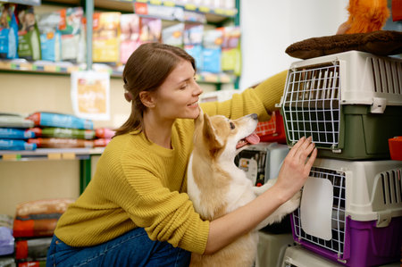 Cheerful young woman customer with dog at pet shop new choosing carrierの写真素材