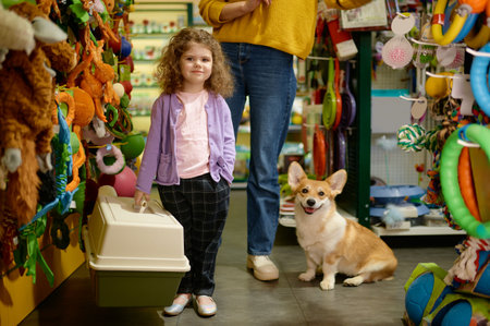 Little girl standing with new carrier for dog among pet shop showcaseの写真素材