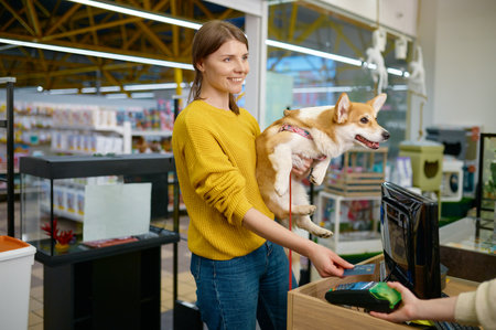 Woman paying for purchase at pet shopの写真素材