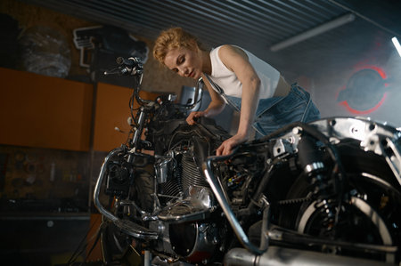 Beautiful woman mechanic posing for camera nearby motorcycle at workshop